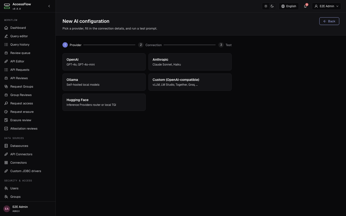 New AI configuration wizard, Connection step, with the model pre-filled as claude-sonnet-4-20250514, an empty API key field, and timeout / max prompt tokens / max completion tokens at their defaults.