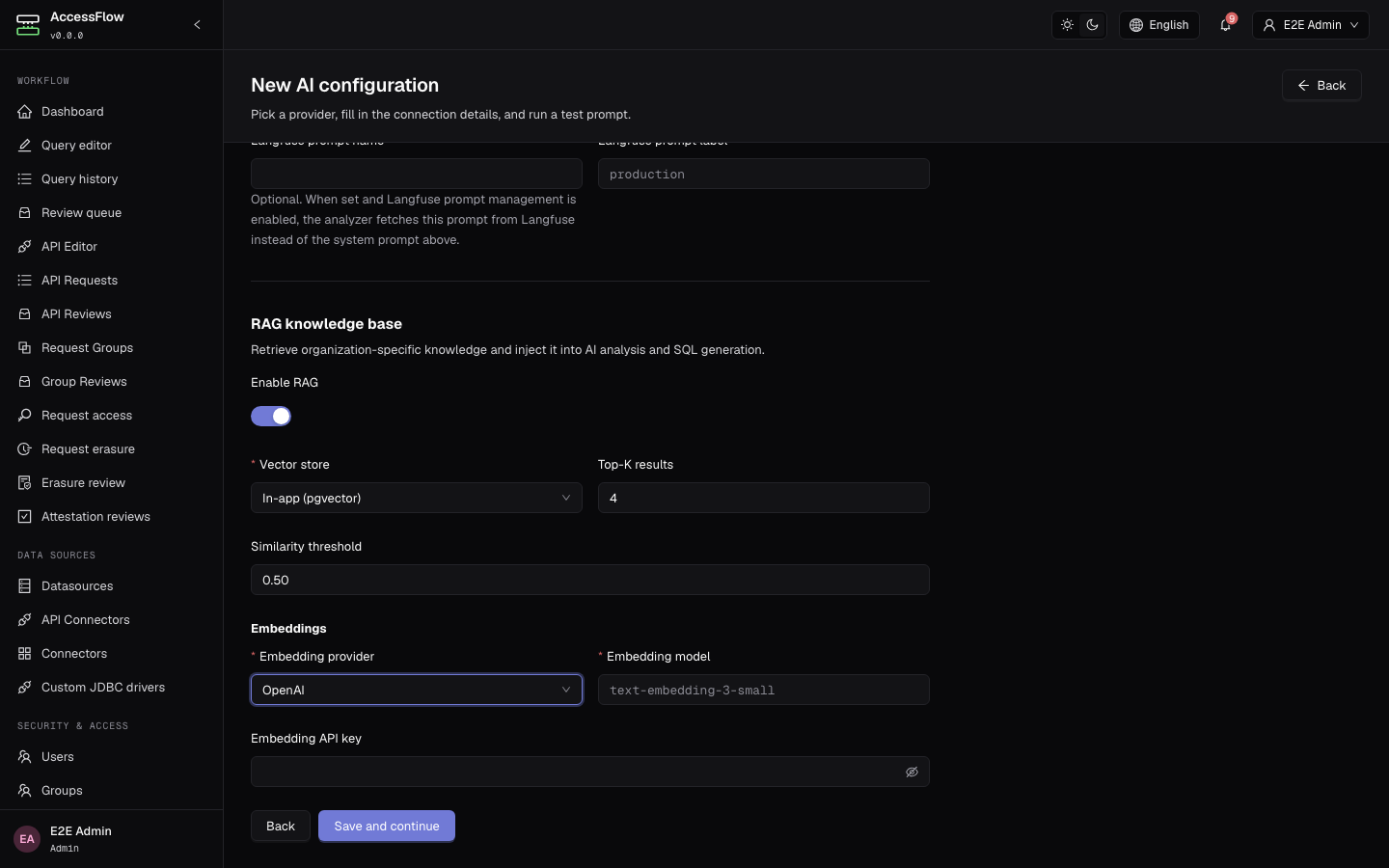 The AI configuration wizard Connection step with Enable RAG toggled on, revealing the vector store select (In-app pgvector), Top-K and similarity-threshold inputs, and the embedding provider and model fields.