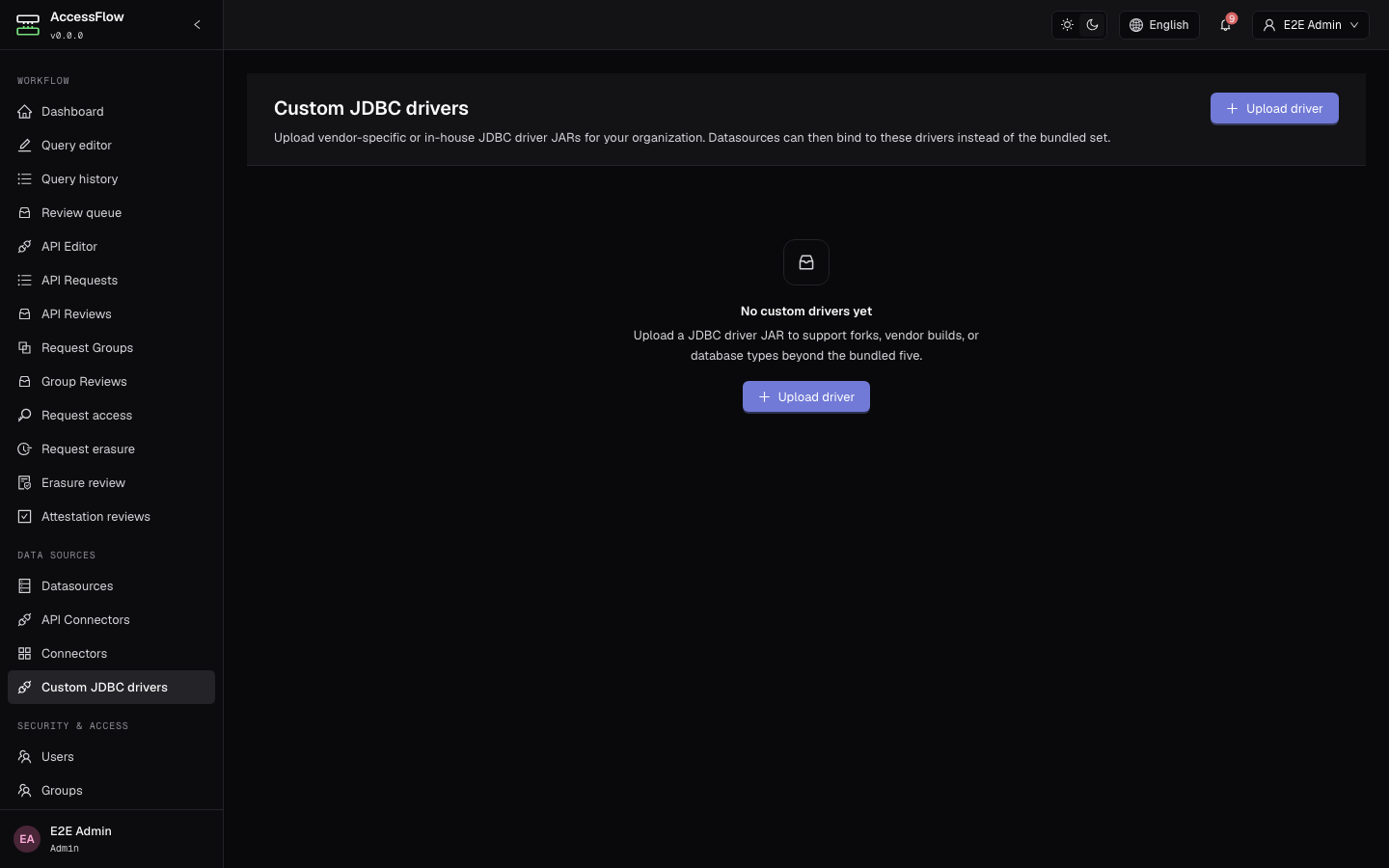 Custom JDBC drivers admin page with an Upload driver call-to-action and an empty-state explaining that uploaded drivers extend support beyond the bundled five.