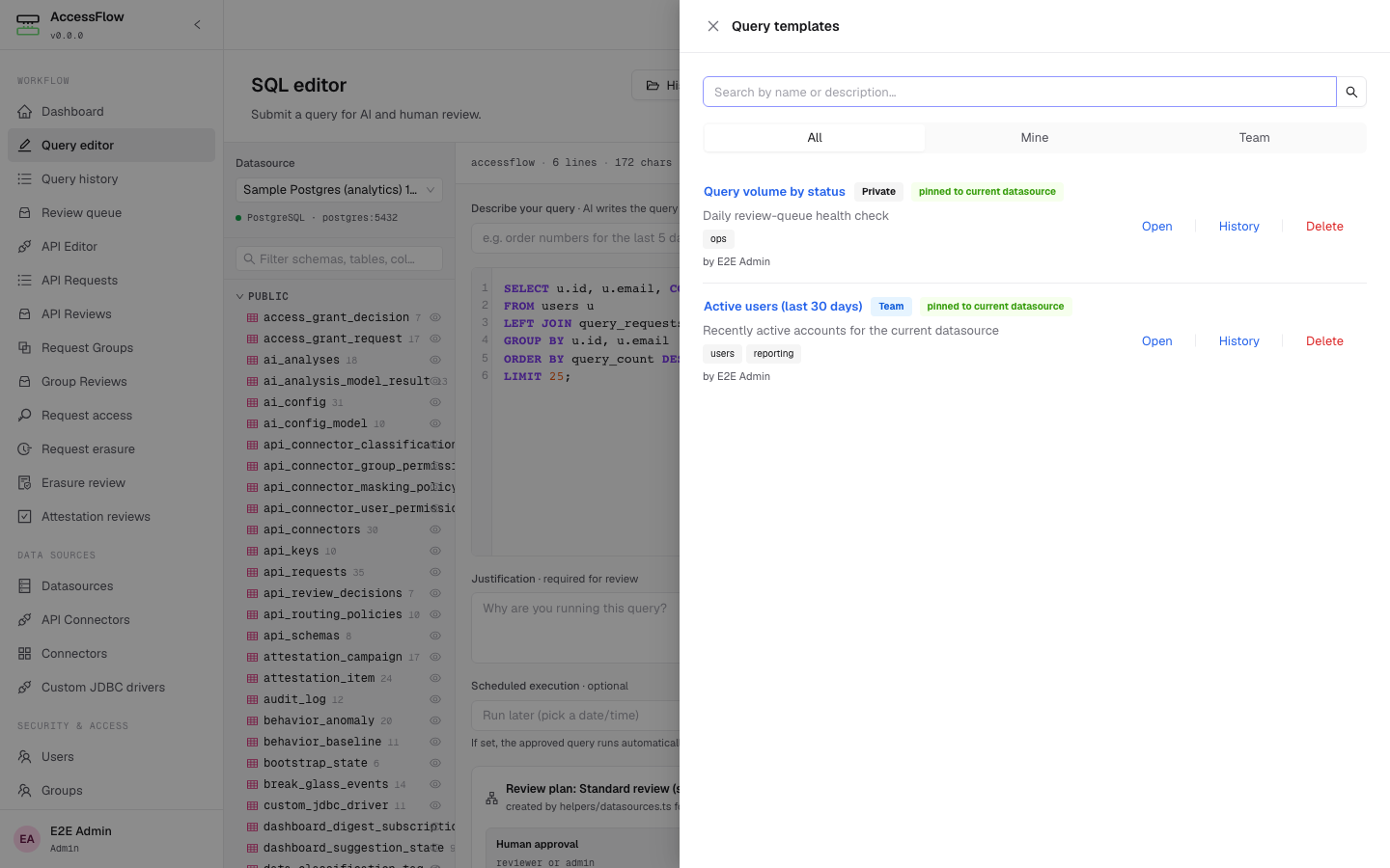 SQL editor with the Query templates drawer open, listing saved templates with Private and Team visibility badges, tags, owner, a search box, All/Mine/Team filter tabs, and Open / Delete actions per row.