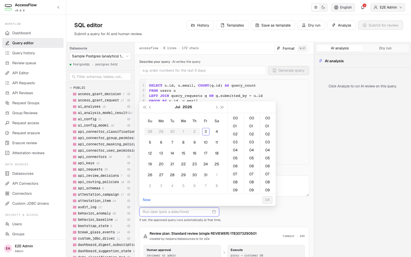 SQL editor with the scheduled execution date picker open showing a month-view calendar; the help text reads 'If approved, the query runs automatically at that time.'