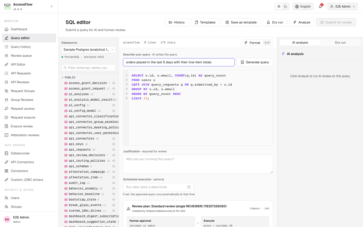 The /editor page with the text-to-query bar above the query pane: a Describe your query textarea with a natural-language prompt and a Generate query button, and the generated SELECT statement rendered in the CodeMirror editor below.