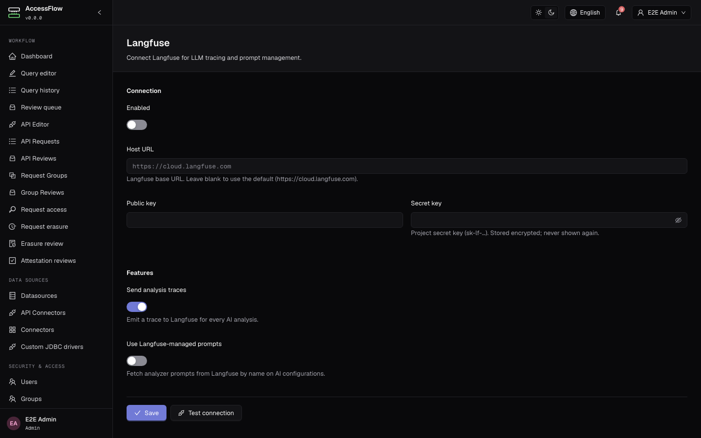 The /admin/langfuse configuration page with the Connection section (Enabled toggle, Host URL, public and secret keys) and the Features section (Send analysis traces, Use Langfuse-managed prompts), plus Save and Test connection buttons.