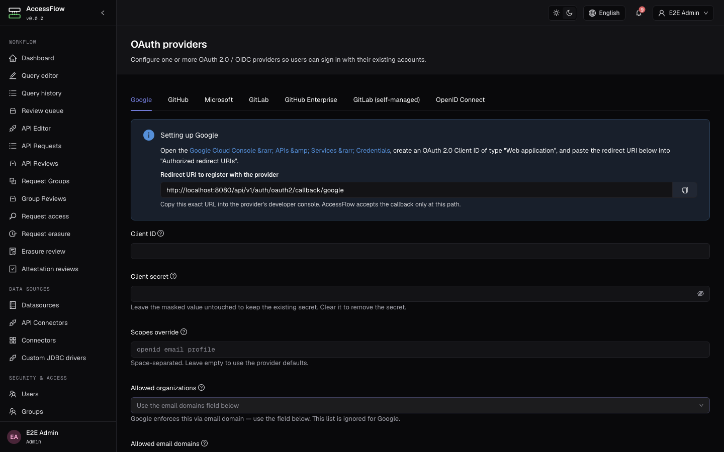 OAuth providers admin page with the Google tab selected. An info callout shows the redirect URI to register at the provider with a copy button, followed by Client ID and Client secret fields.