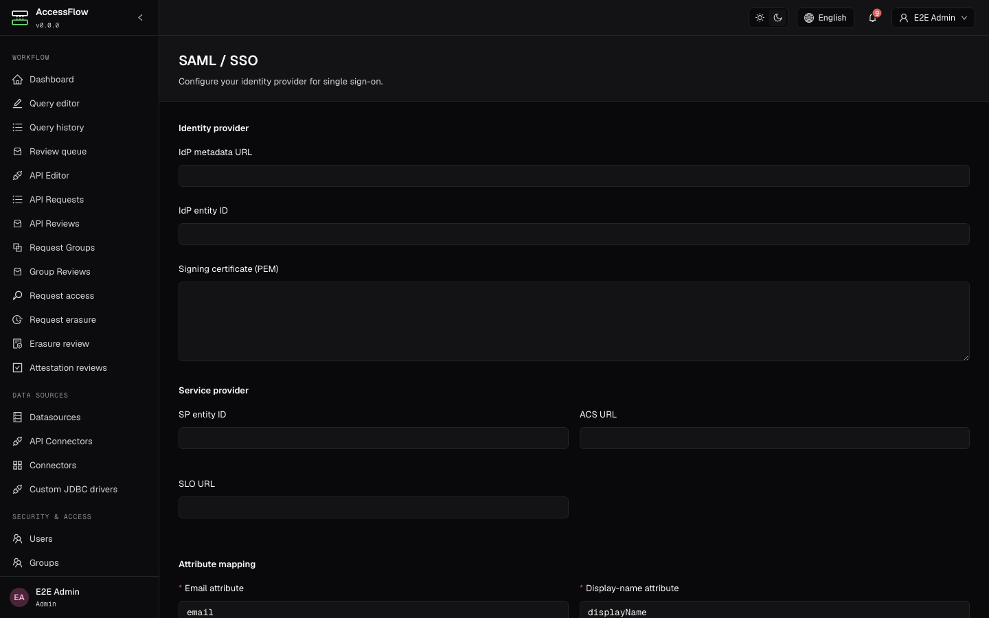 SAML / SSO admin page with three sections — Identity provider (IdP metadata URL, IdP entity ID, signing certificate PEM textarea), Service provider, and Attributes — each with empty form fields ready to fill.