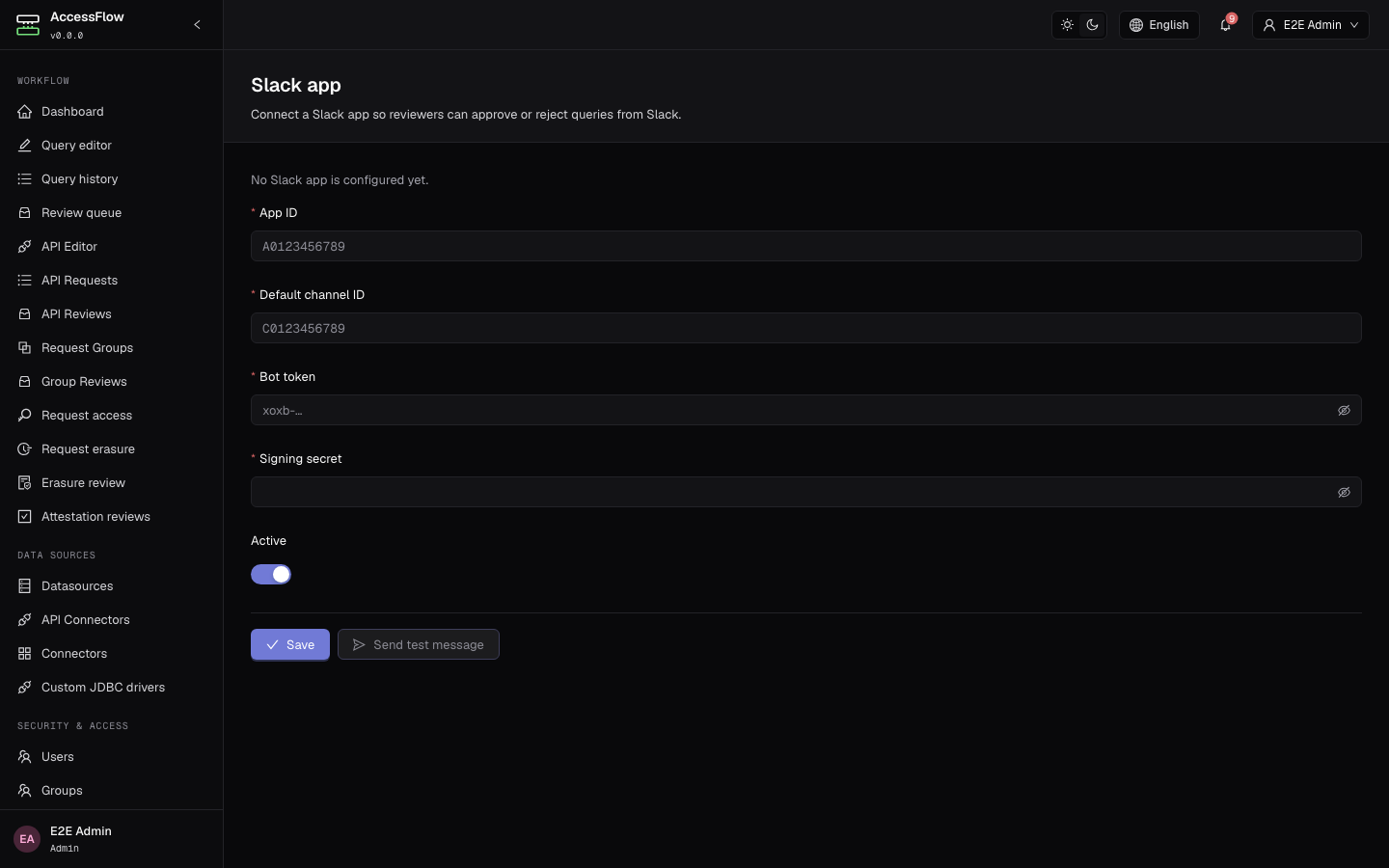 Slack app configuration at /admin/slack with fields for App ID, default channel ID, masked bot token and signing secret, an Active toggle, and Save / Send test message buttons.