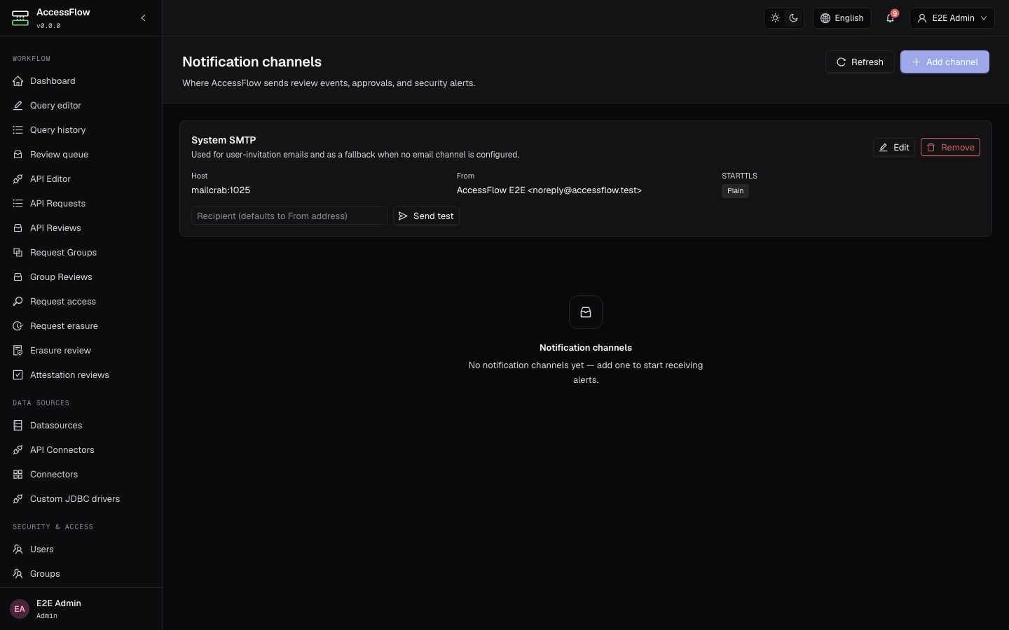 System SMTP configuration modal with host, port (587), optional username, password, STARTTLS toggle, from-address, and optional display-name fields.